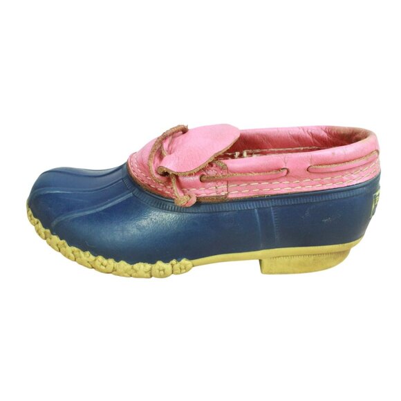 LL Bean Women's Navy Pink Leather Unlined Rain Gumshoe Duck Boots Size 6 M - Picture 1 of 10